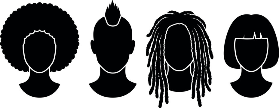 Set of four different hairstyles silhouettes including afro, mohawk, dreadlocks and bob cut