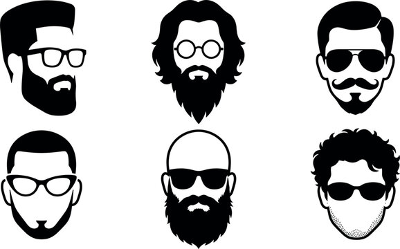 Set of vector icons of mens faces with different hairstyles, beards, and glasses