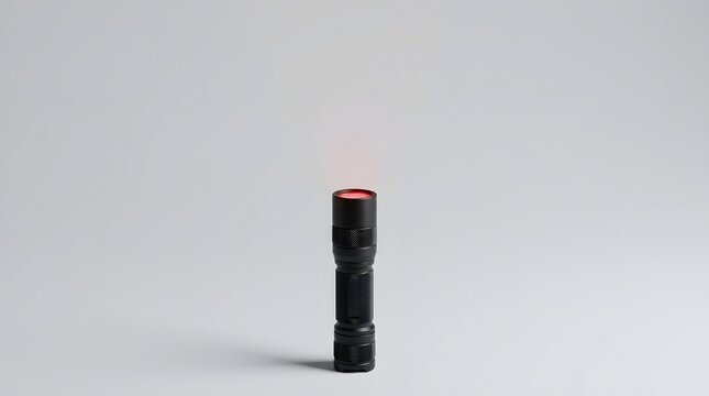 Black tactical flashlight with red light beam, portable LED torch on white background, compact emergency lighting equipment for security and camping
