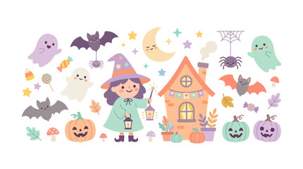 Fototapeta premium Halloween character collection with witch girl ghosts and house.