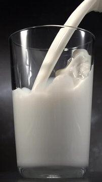 Milk pouring into glass with splash in slow motion close up black background