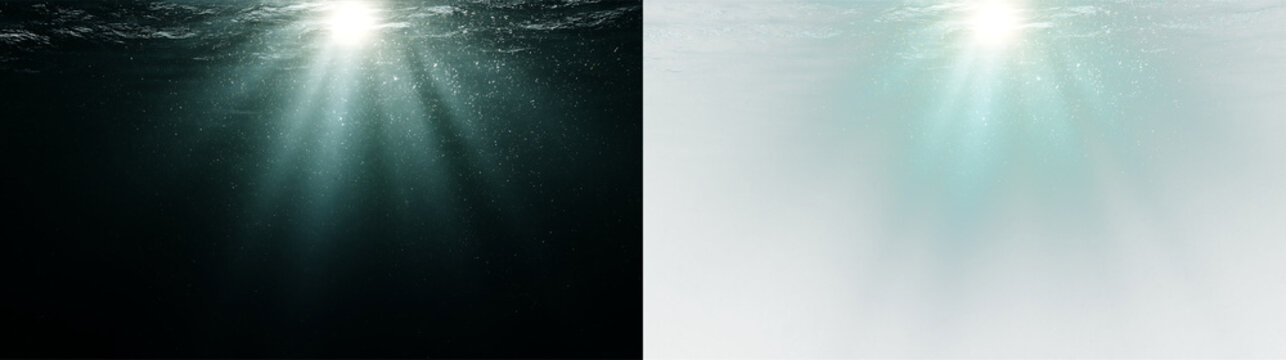 Underwater sunbeams shining through water surface. Sun rays and bubbles deep sea overlay on transparent background