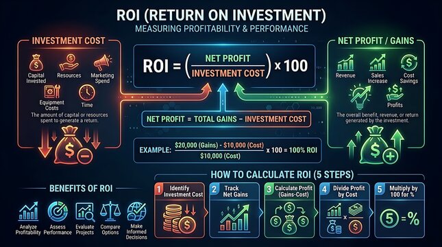 ROI return on investment infographic chart, business finance formula diagram, measuring profitability and performance concept