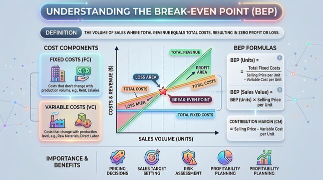 Break-even point business infographic, financial analysis chart explaining BEP formulas and cost components, corporate presentation slide