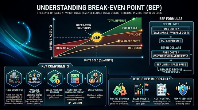 Break-even point business infographic, financial analysis chart explaining BEP formulas, corporate accounting presentation slide