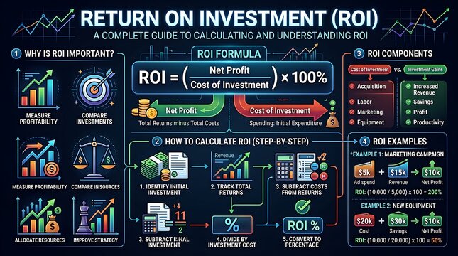 Return on Investment ROI business infographic, financial formula and calculation guide, corporate data visualization for profit analysis