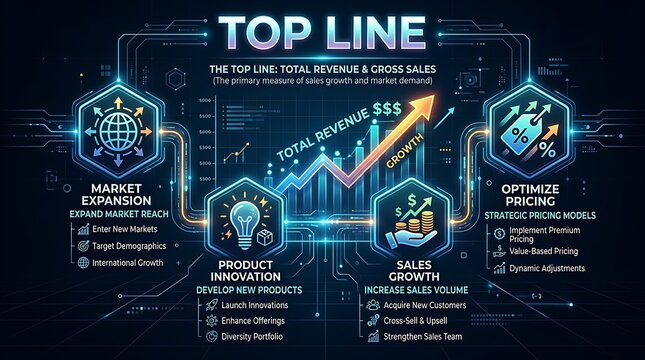Top Line business infographic with total revenue and gross sales chart, financial growth strategy and market expansion concept, blue digital data dashboard