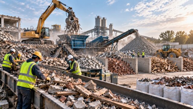 Industrial waste recycling plant with excavators sorting demolition debris and workers processing materials.