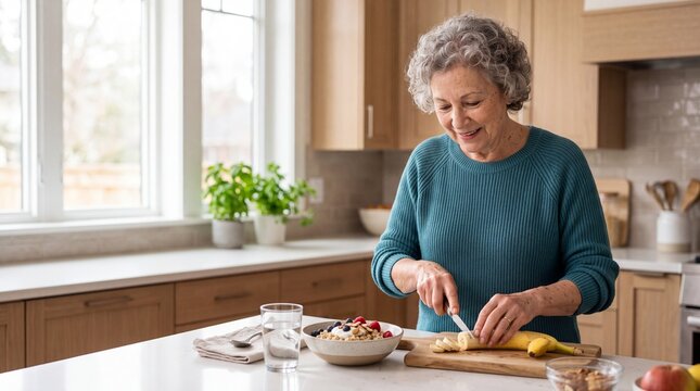 Older woman preparing a healthy fruit breakfast in a bright kitchen