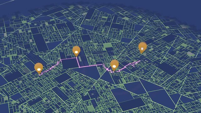 Lighting cluster, orange pin popping and magenta route tracing on oblique aerial neon-green grid