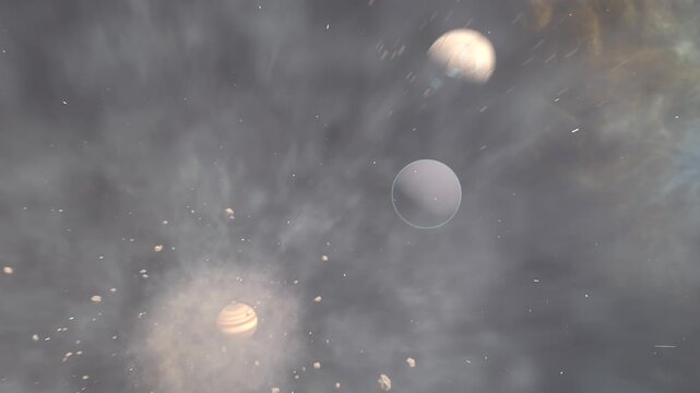 Camera pulling back, revealing gray sphere rotating in space while ringed giant emitting jet debris