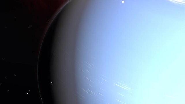 Orbiting camera sweeping around pale-blue gas giant to reveal luminous vortex, moons, red nebula