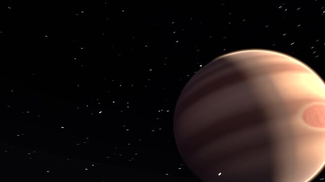 Pulling camera closing banded planet near nebula as comet passing revealing storm moon, copy space