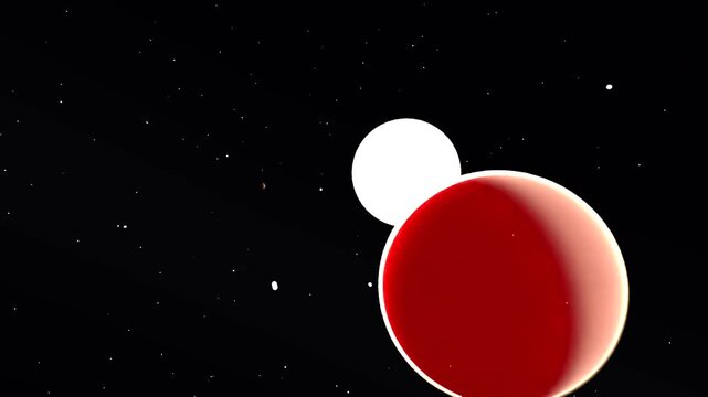 Emerging white moon sliding out from behind red planet in space, camera tightening showing growth