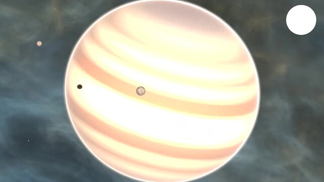 Watching moon entering left limb, orbiting gas giant, casting shadow, textured moon, white overlay