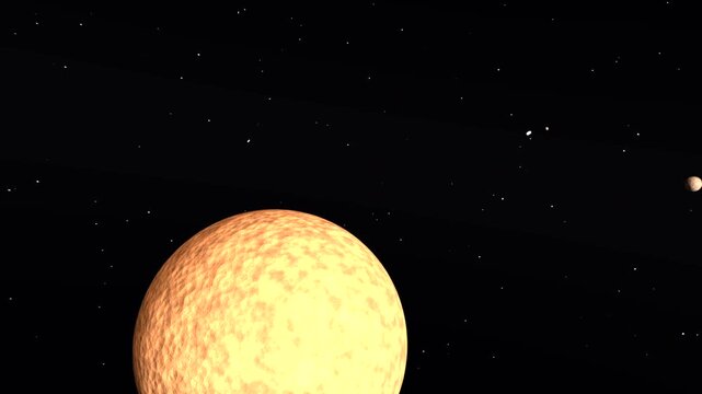 Approaching camera revealing orange-yellow planet in space for close-up, with two moons crossing
