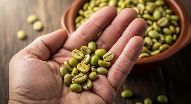 Hand holding raw green coffee beans in a bowl, representing the origin and freshness of the product, ideal for food or beverage concepts