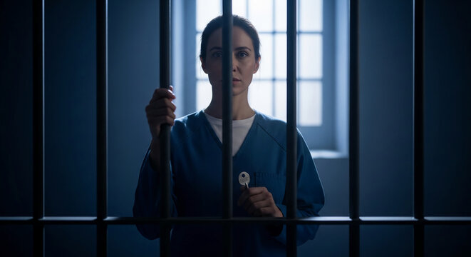 Woman in prison cell holding a key, symbolizing hope, freedom, or escape. Dark atmosphere, muted tones.