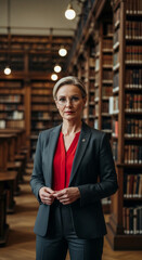 Fototapeta premium Professional woman in suit and glasses stands in a library, representing knowledge, education, and expertise.