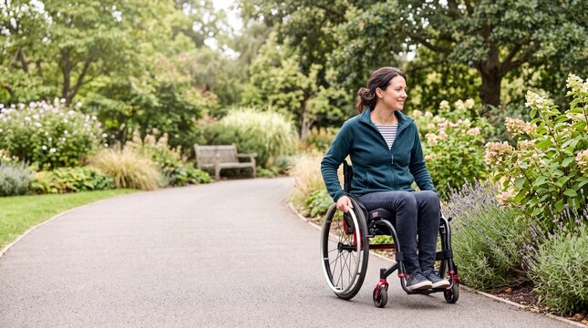 Woman using a wheelchair enjoying an accessible garden path surrounded by flowers