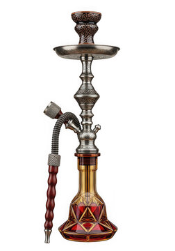 Ornate silver hookah with red glass base isolated on transparent background cutout