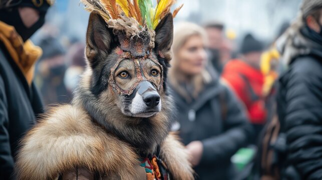 Person in Elaborate Wolf Mask and Fur Costume at Winter Festival