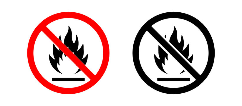 No Fire Sign Icon Set. Fire Prohibition and Flammable Safety Symbols. Red Vector Illustration.