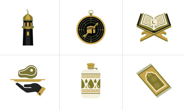 Islamic Religious Icons Set Vector, Minimal Islamic Faith and Worship Icons Vector, Quran Qibla Direction Prayer Mat and Halal Meat Sign Illustration
