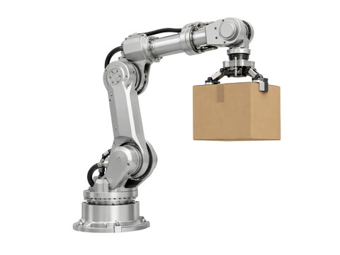 Industrial robotic arm lifting cardboard box isolated on transparent background