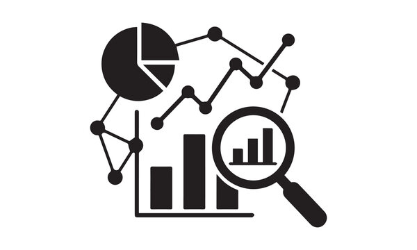 Business growth data analytics chart graph and magnifying glass icon vector design with financial dat