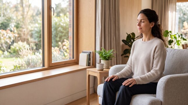 Woman practicing quiet mindfulness meditation at home in a comfortable chair