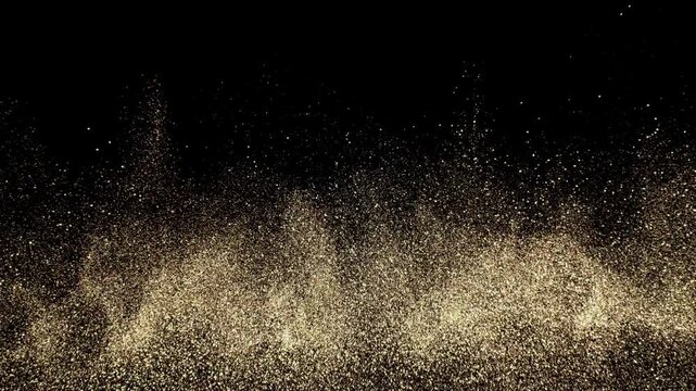 Sparkling golden particles flying upwards from below. Video in loop. Perfect for elegant backgrounds, luxury presentations, titles, celebrations, and premium visual projects.
