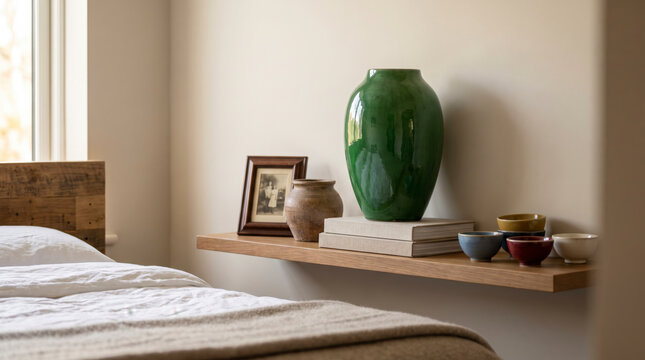 Reflective green vase and vintage photo frame on a nostalgic wooden bedroom shelf