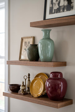 Curated, nostalgic shelves with celadon vase, ceramic plates and antique ginger jar