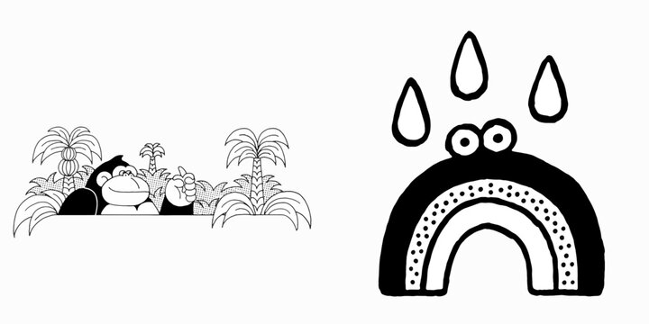 Cartoon monkey hiding under rainbow in tropical setting