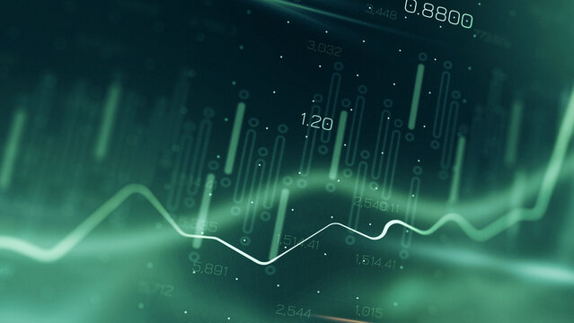 Stock exchange trading graph shows price changes and market trends over time