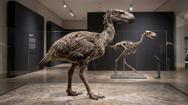 Extinct prehistoric bird exhibit in natural history museum display