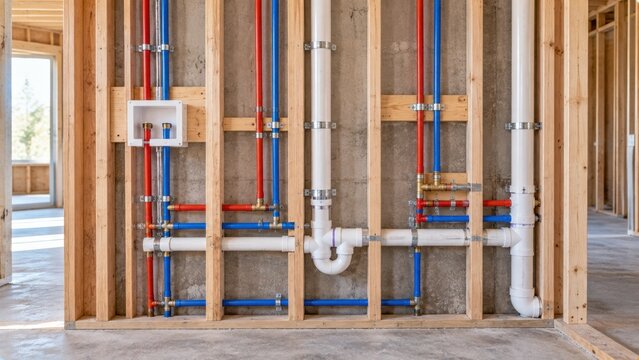 Installed plumbing system with red and blue pex pipes and white pvc drainage tubes behind wooden studs wall.