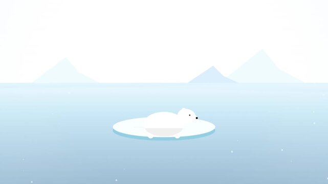 Cute arctic animal, polar bear cub, resting on a small ice floe in a cold, serene Arctic landscape with misty mountains in the background, illustrating winter and nature's beauty