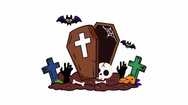 Halloween Haunted Coffin Animation with Skull, Bats, Pumpkins and Tombstones