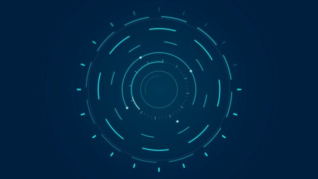 Abstract circular interface element with concentric lines, glowing segments, and orbital dots on a dark blue gradient .