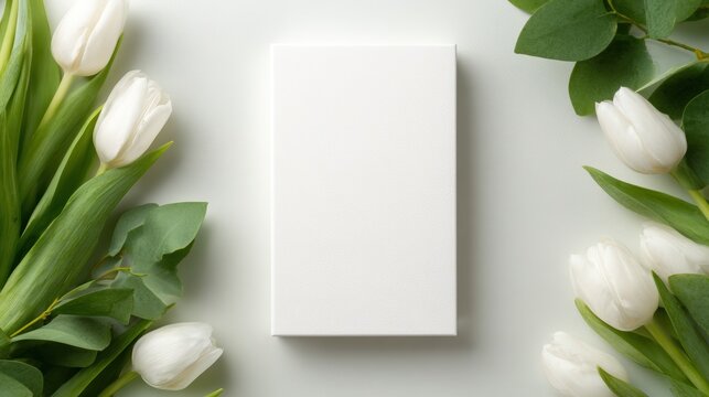Photo frame mockup with a blank white canvas flowers and tuli, presented with balanced framing and gentle depth. Distinctive styling suits branded storytelling and print communication.