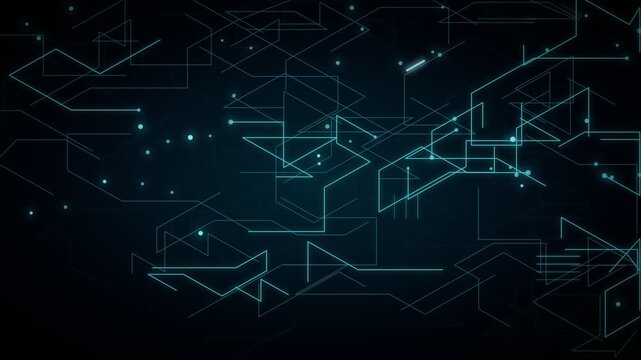 Abstract graphic featuring interconnected glowing cyan lines, geometric shapes, and circular nodes on a dark blue representing network connectivity.