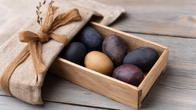 Many colored easter eggs in a box one natural brown among the, presented with a modern composition and useful surrounding space. Clean styling suits digital promotion and social media.