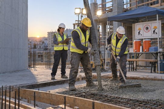 multicultural construction crew pours concrete at sunrise while a supervisor monitors conditions and a shaded hydration station supports worker safety during extreme heat