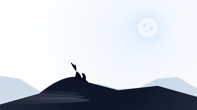 Minimalist vector illustration of a lone wolf sitting on a dark hilltop looking at the full moon in a serene misty landscape