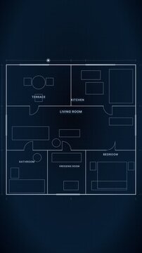 A minimalist digital blueprint of an apartment layout with labeled rooms including a terrace, kitchen, living room, dressing room, bathroom, and bedroom.