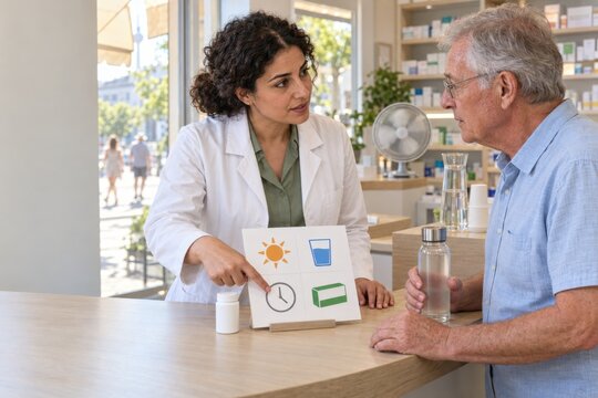 pharmacist explains medication timing and hydration to an older customer holding water in a cooled pharmacy while intense summer heat is visible outside during a heatwave