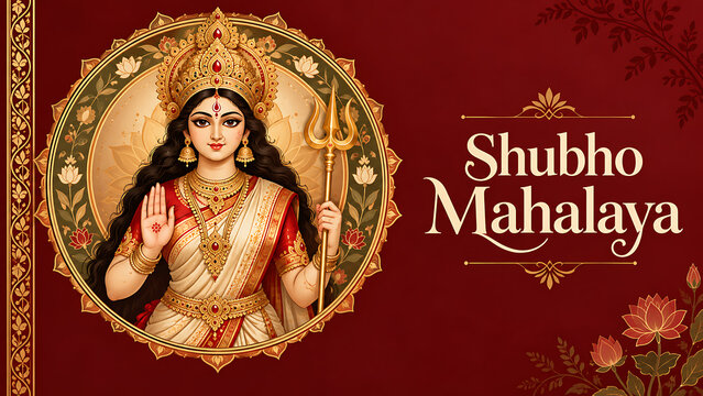 Beautiful goddess durga portrait with trident and floral mandala celebrating durga puja and mahalaya against deep red elegant festive greeting background design