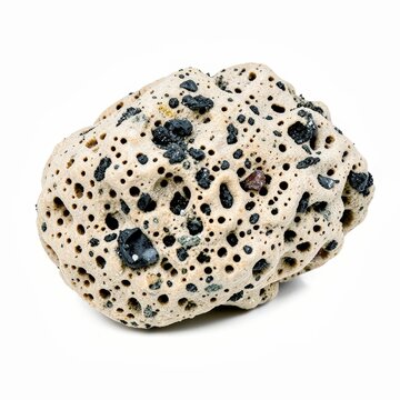 Volcanic tuff stone with embedded ash particles and light porous texture isolated on white background